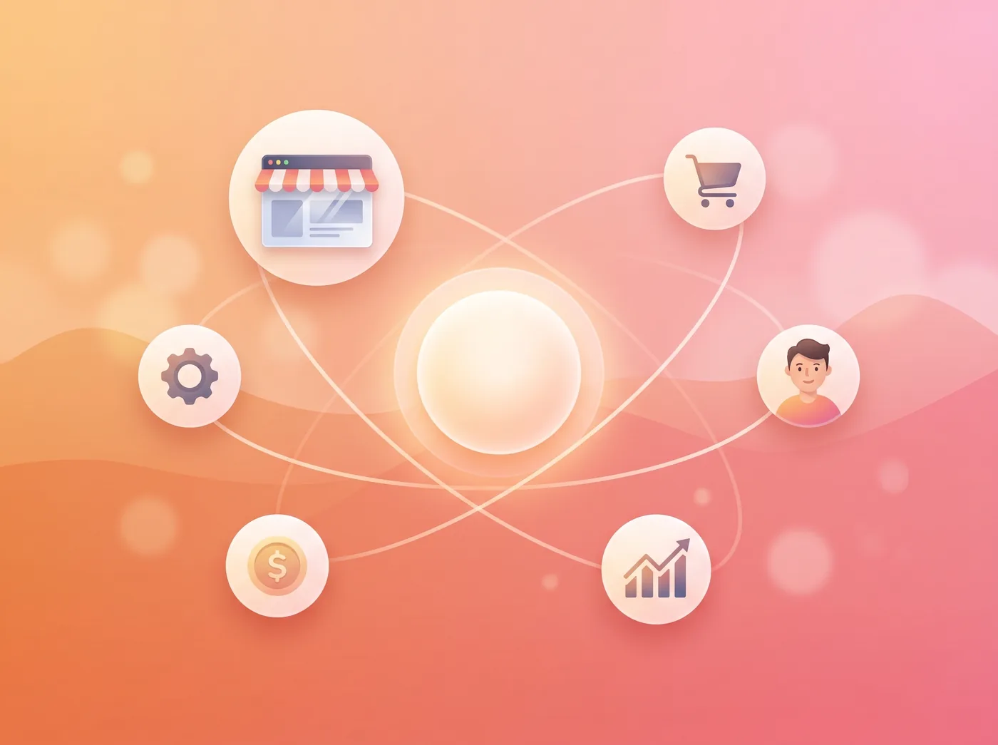Conceptual illustration of a unified commerce ecosystem connecting a central control plane to storefronts, carts, customers, financing, and analytics