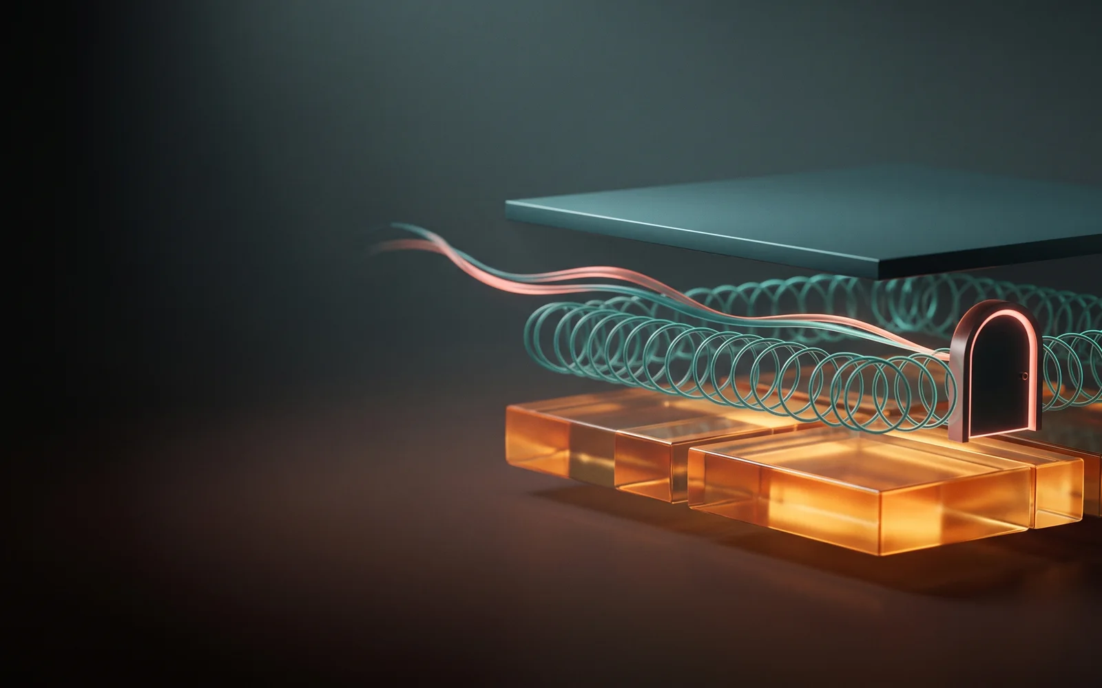 Warm abstract layers: a glowing base of records, a protective lattice above, and one closed gate on the money path