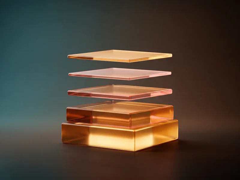 Stacked translucent amber slabs resting on one solid glowing base, warm and grounded