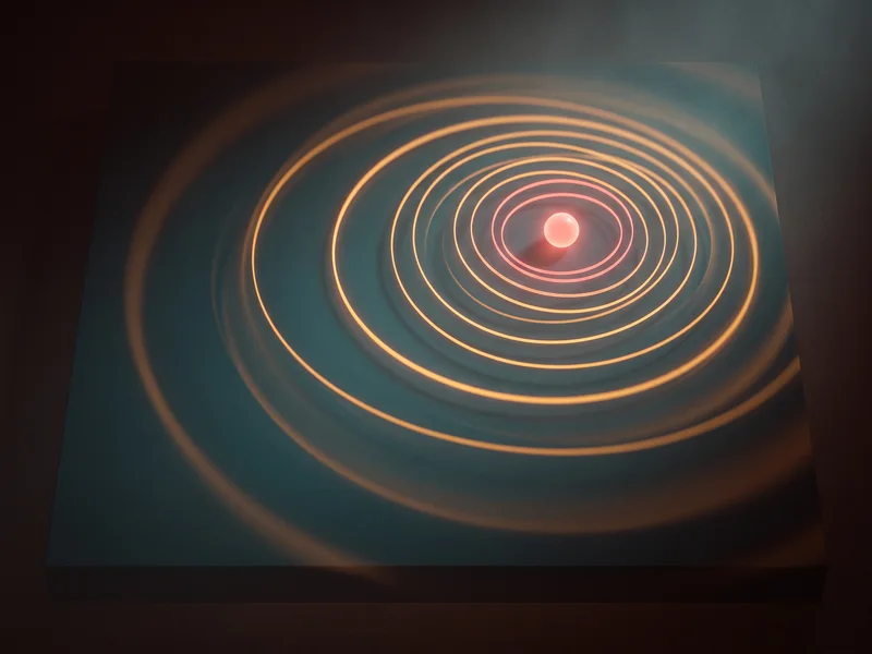 Concentric warm rings narrowing onto one small bright focal point in a teal field