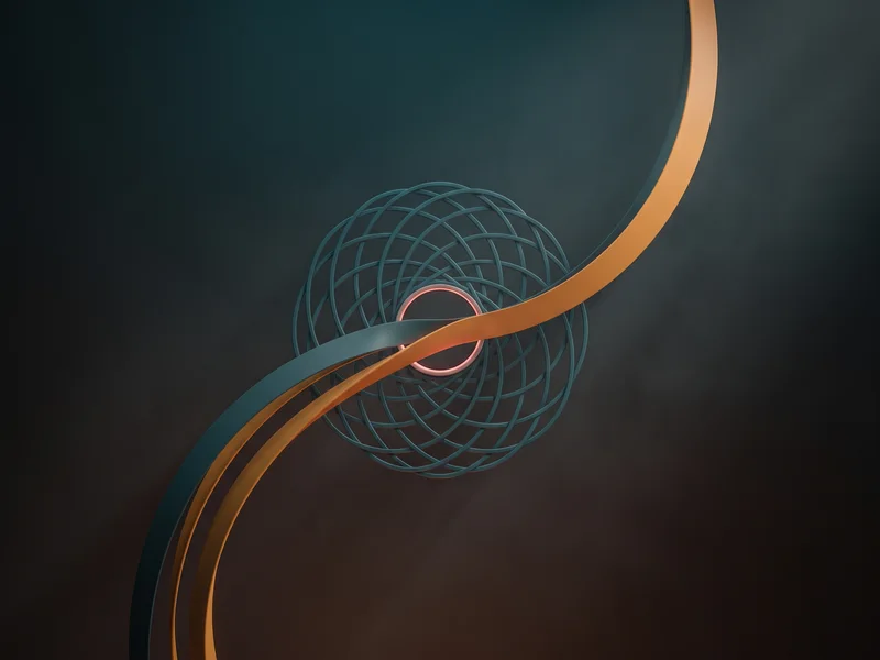Two ribbon streams converging into a single woven teal lattice through one shared aperture