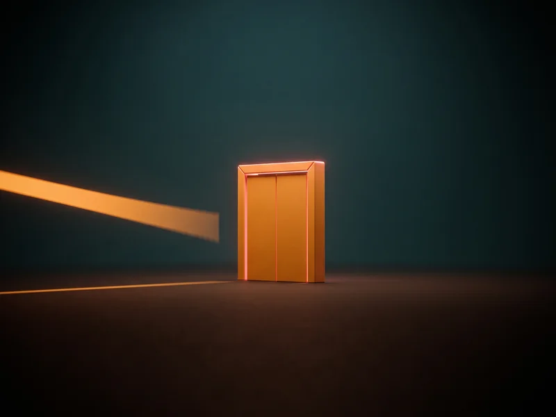 A small warm gate standing firmly shut in a dark teal field, glowing at its seam