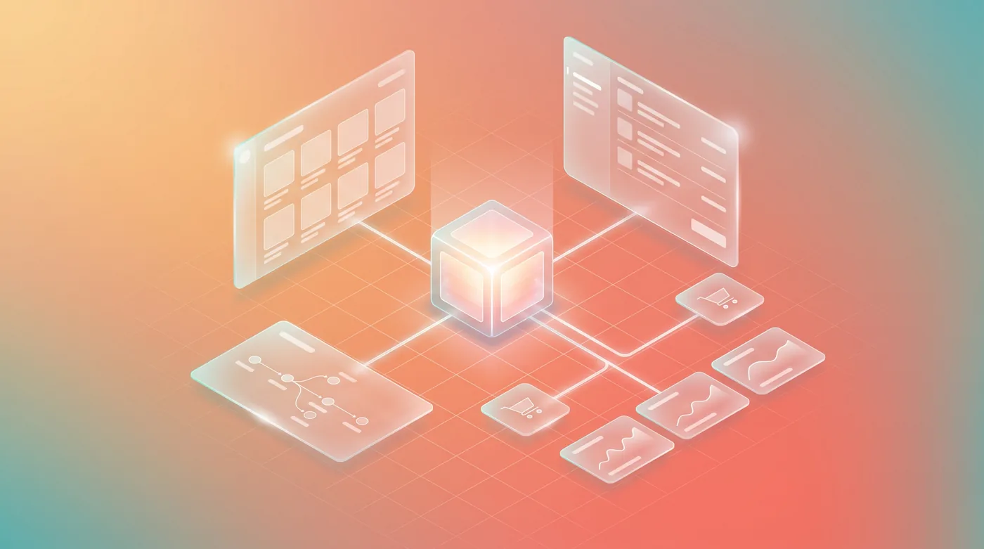A conceptual illustration of a headless commerce control plane: a central engine connected to catalog, cart, order, and merchant panels