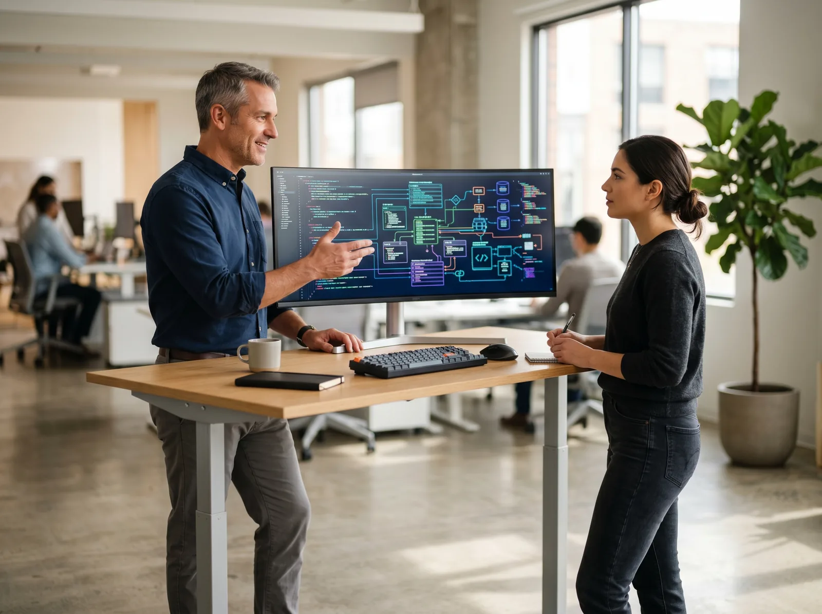 A senior engineer guiding a developer through a commerce integration at a standing desk in a modern office