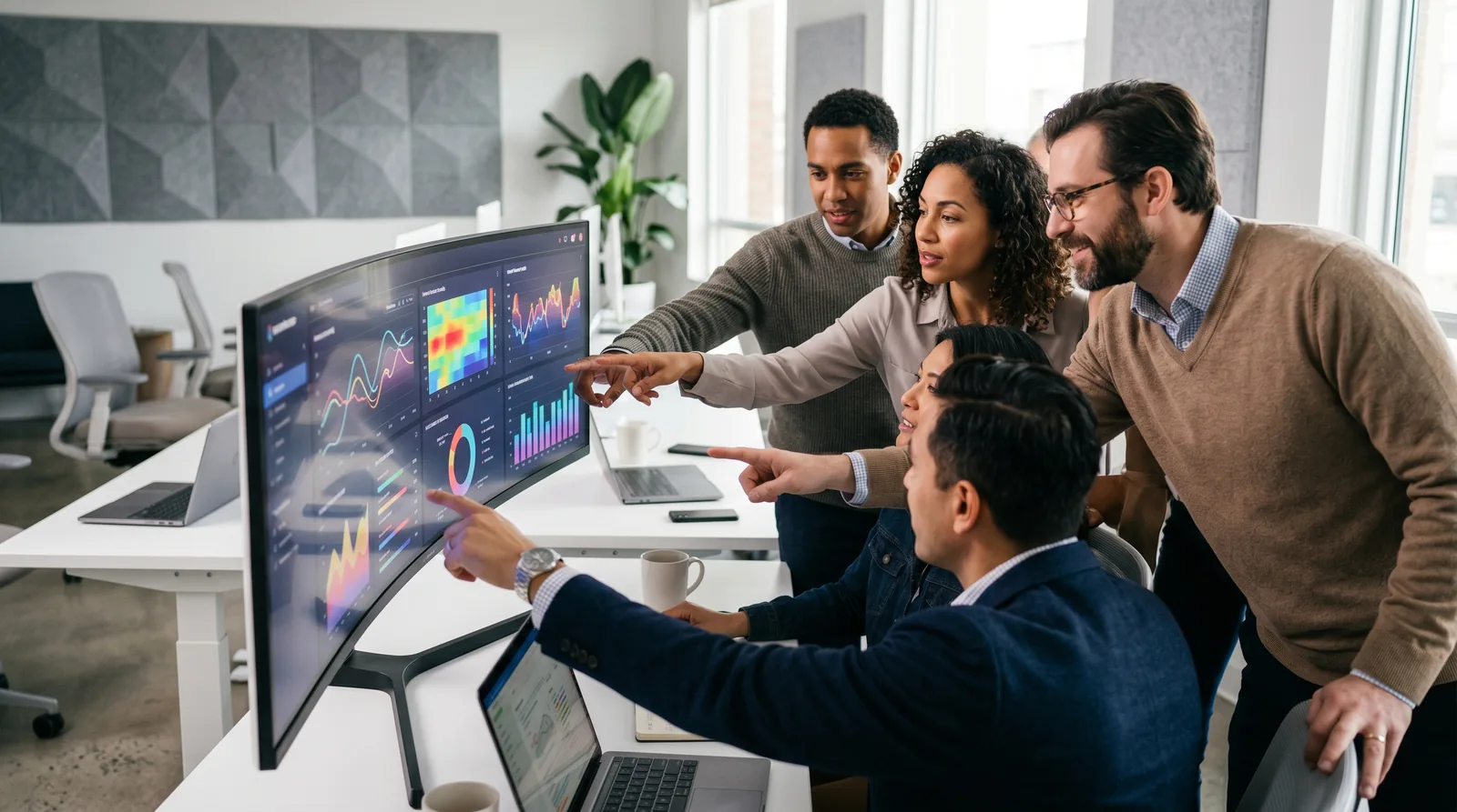 A team of consultants and commerce specialists collaborating around a monitor while helping a client adopt a commerce platform