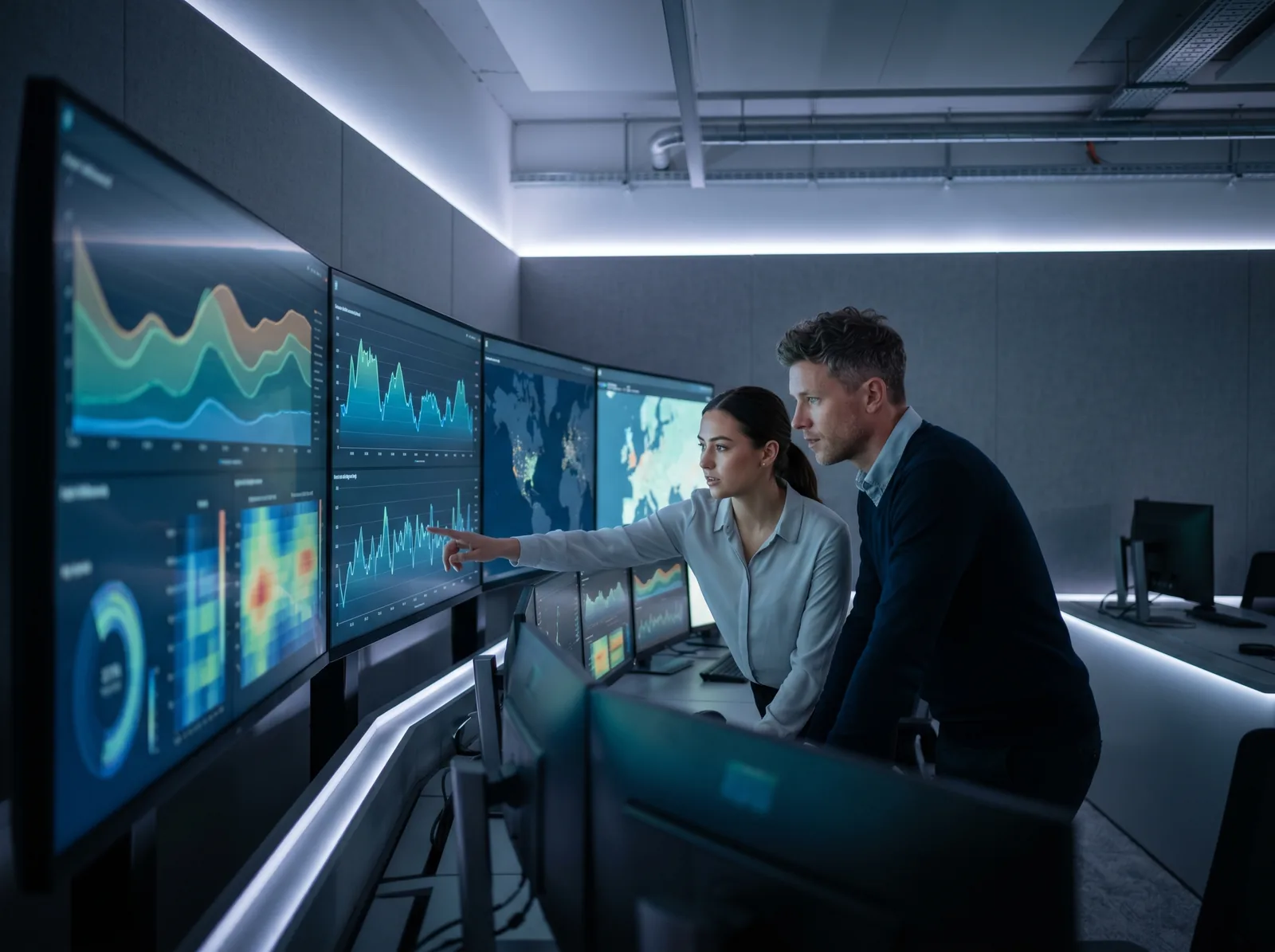 Two operations engineers reviewing commerce operations dashboards on multiple monitors in a calm operations room