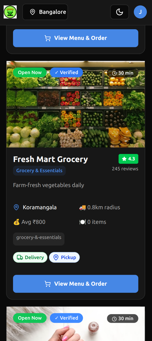 A storefront listing in the Kadaikodi web and mobile app, showing a merchant catalog with delivery and pickup options