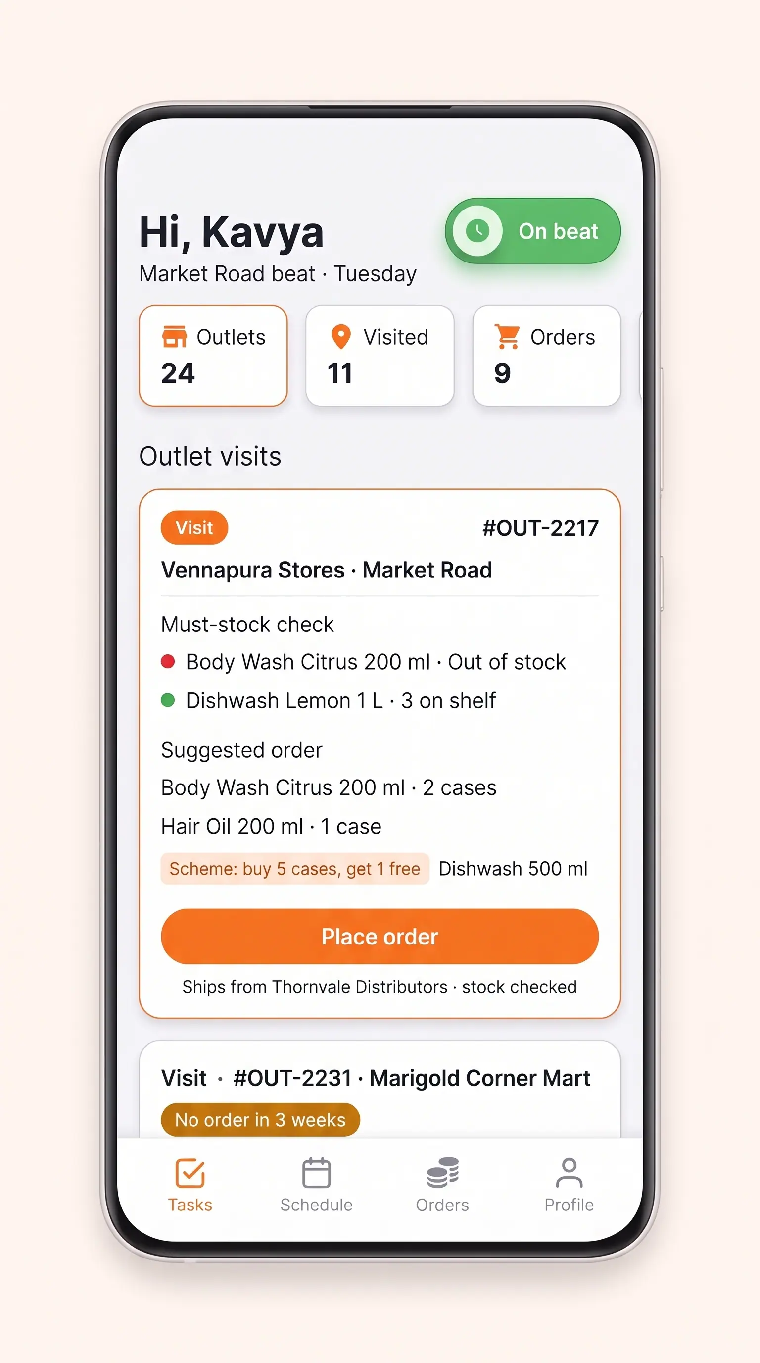 Concept illustration of a field sales visit card with a must-stock check, a suggested order in cases, a trade scheme and a Place order button