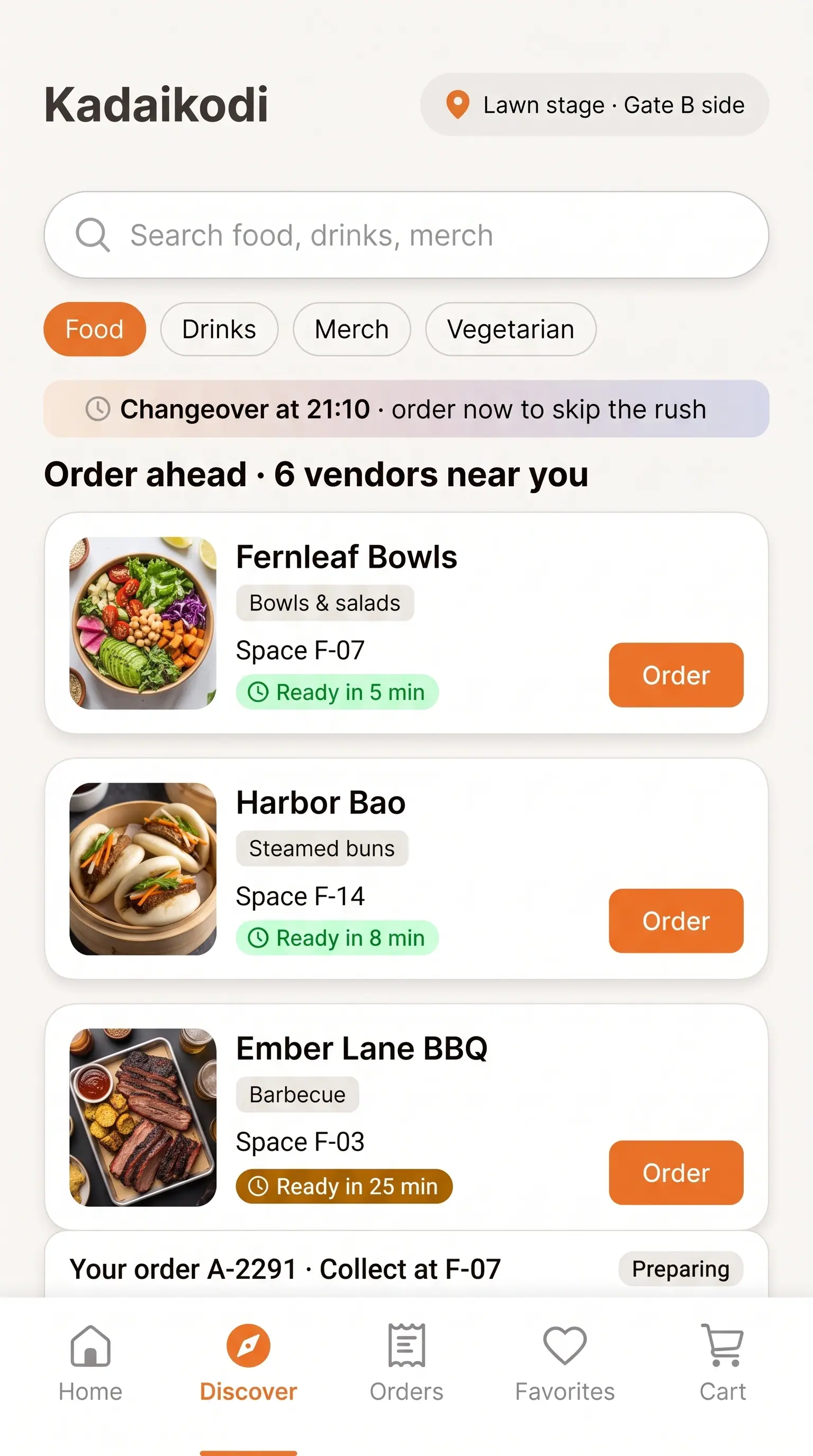 Concept illustration of a festival order-ahead screen with a location pill, category chips, a changeover banner and vendor cards with ready times
