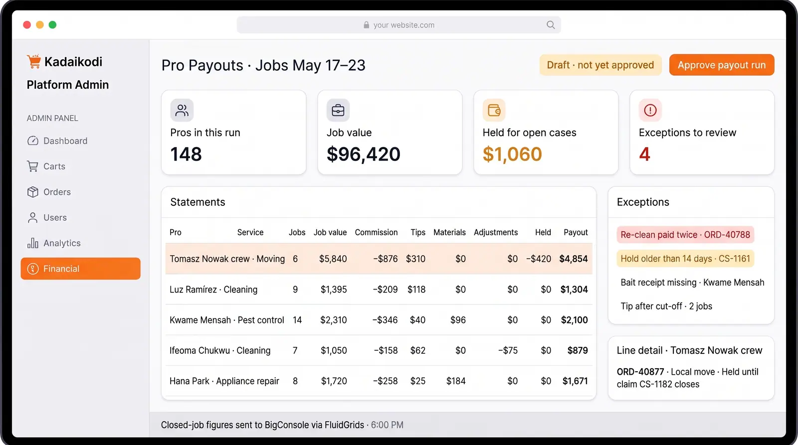 Concept illustration of a weekly pro payout run with totals, a statements table, an exceptions list and an explained hold