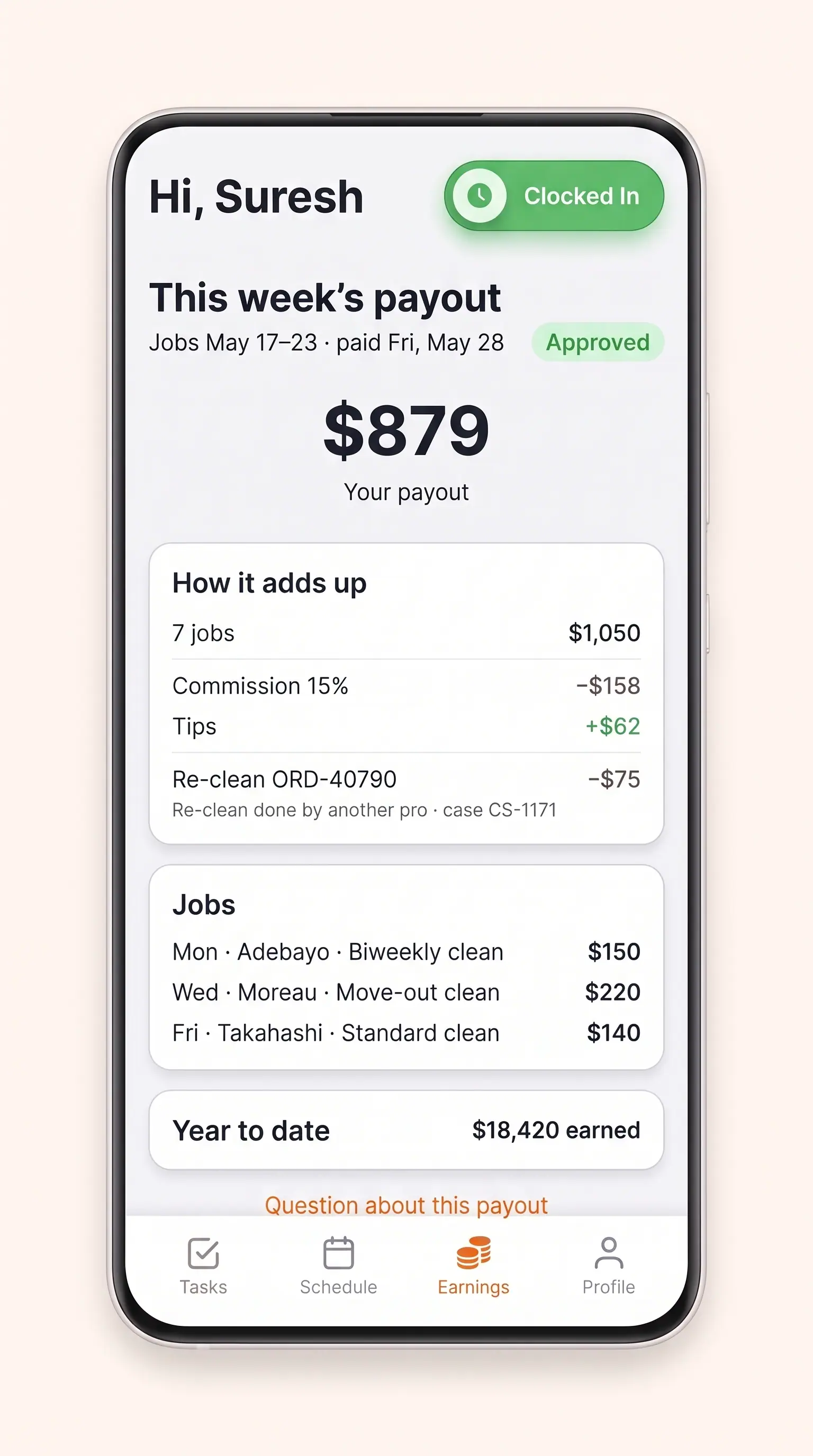Concept illustration of a pro's approved weekly payout on a phone, with a commission and tips breakdown, jobs by day and year-to-date earnings