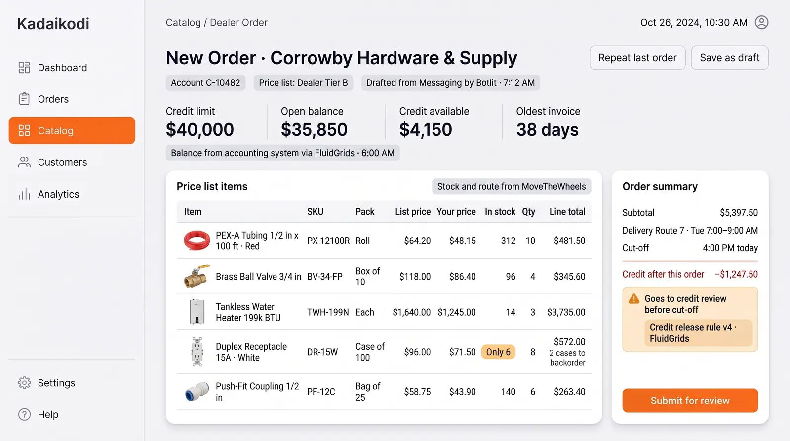 Concept illustration of a dealer order with credit limit, open balance and credit available, a price list table and a credit review notice