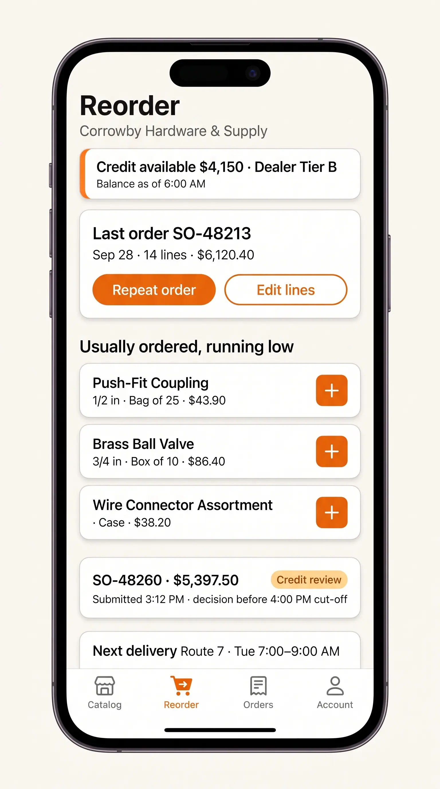 Concept illustration of a dealer reorder screen with credit available, a repeat-order card, running-low items and an order in credit review