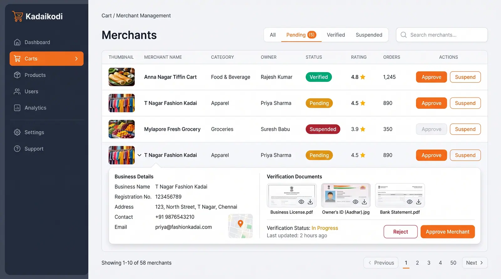 Concept illustration of an operator console listing merchants in a table with status pills and an expanded verification panel.