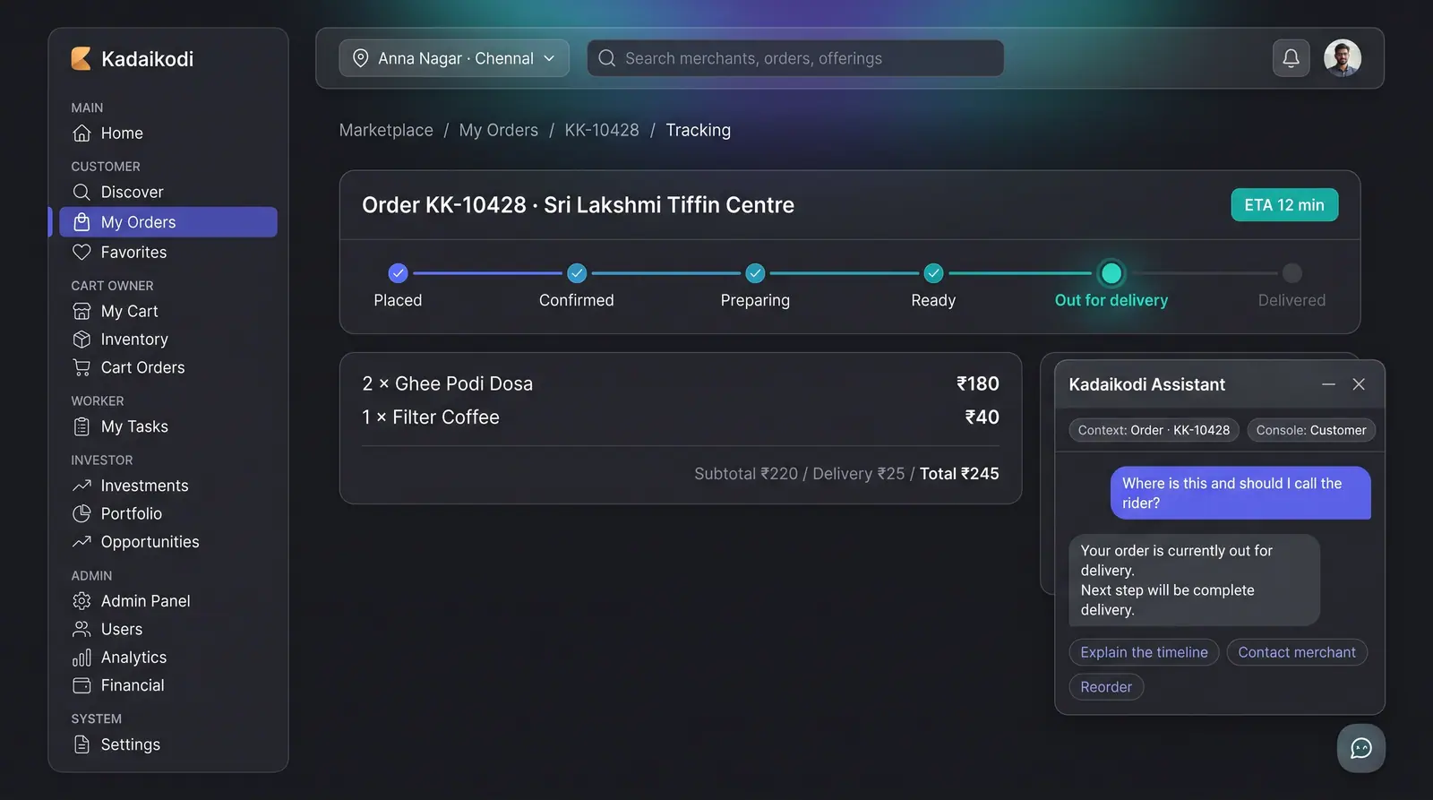 Concept illustration of a dark console showing order tracking with an assistant panel bound to that order via context chips.