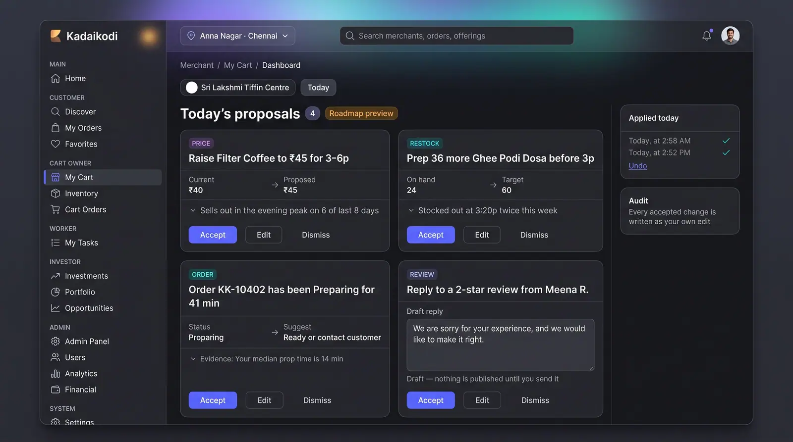 Concept illustration of a merchant dashboard showing four AI proposal cards for price, restock, an aging order and a review reply.