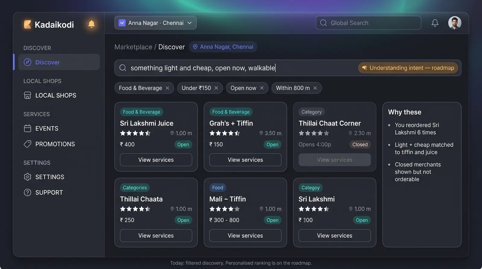 Concept illustration of a dark web discovery page where a typed sentence becomes removable filter chips beside a results grid.