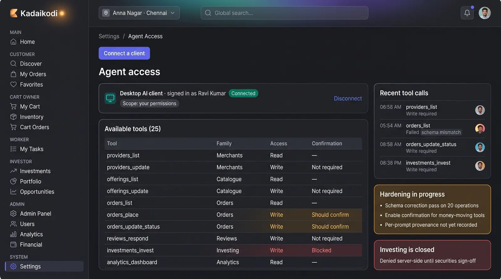 Concept illustration of an agent access settings page with a connected AI client, a table of available tools and a recent tool-calls rail.