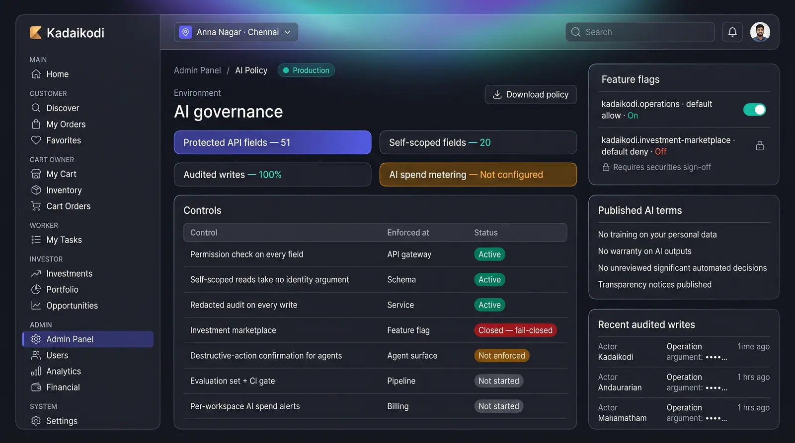 Concept illustration of an admin AI governance page with coverage tiles, a controls table, feature flags and a recent audited writes feed.