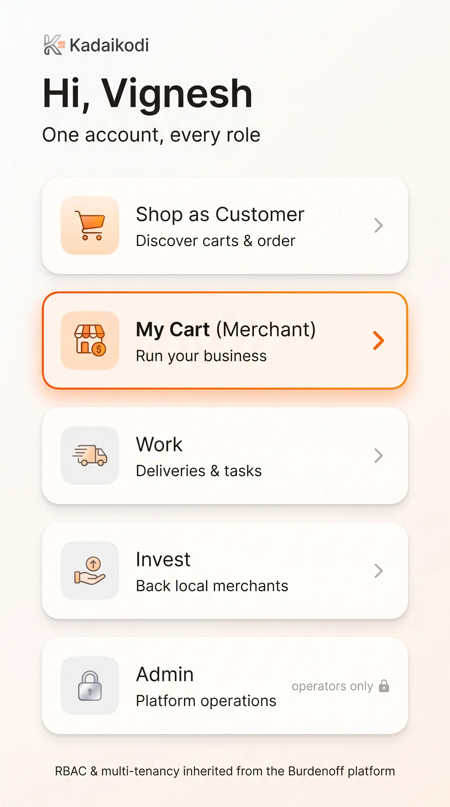 Concept illustration of a mobile home screen listing customer, merchant, work, invest and admin roles as tappable cards.
