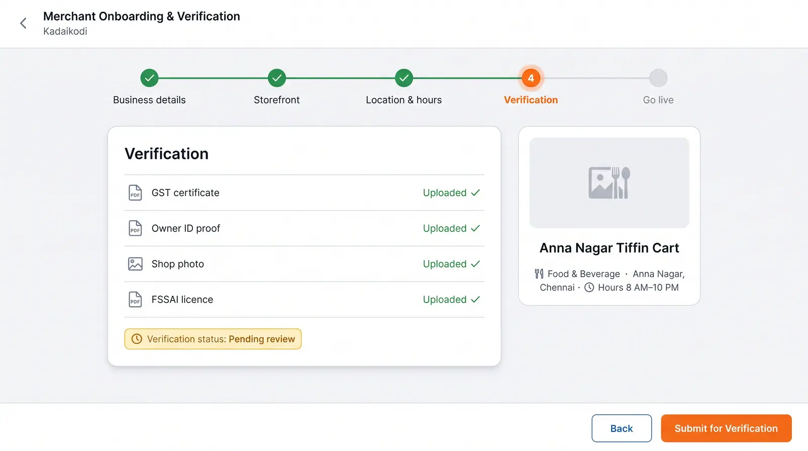 Concept illustration of a five-step onboarding wizard on the verification step, with uploaded documents and a storefront preview.