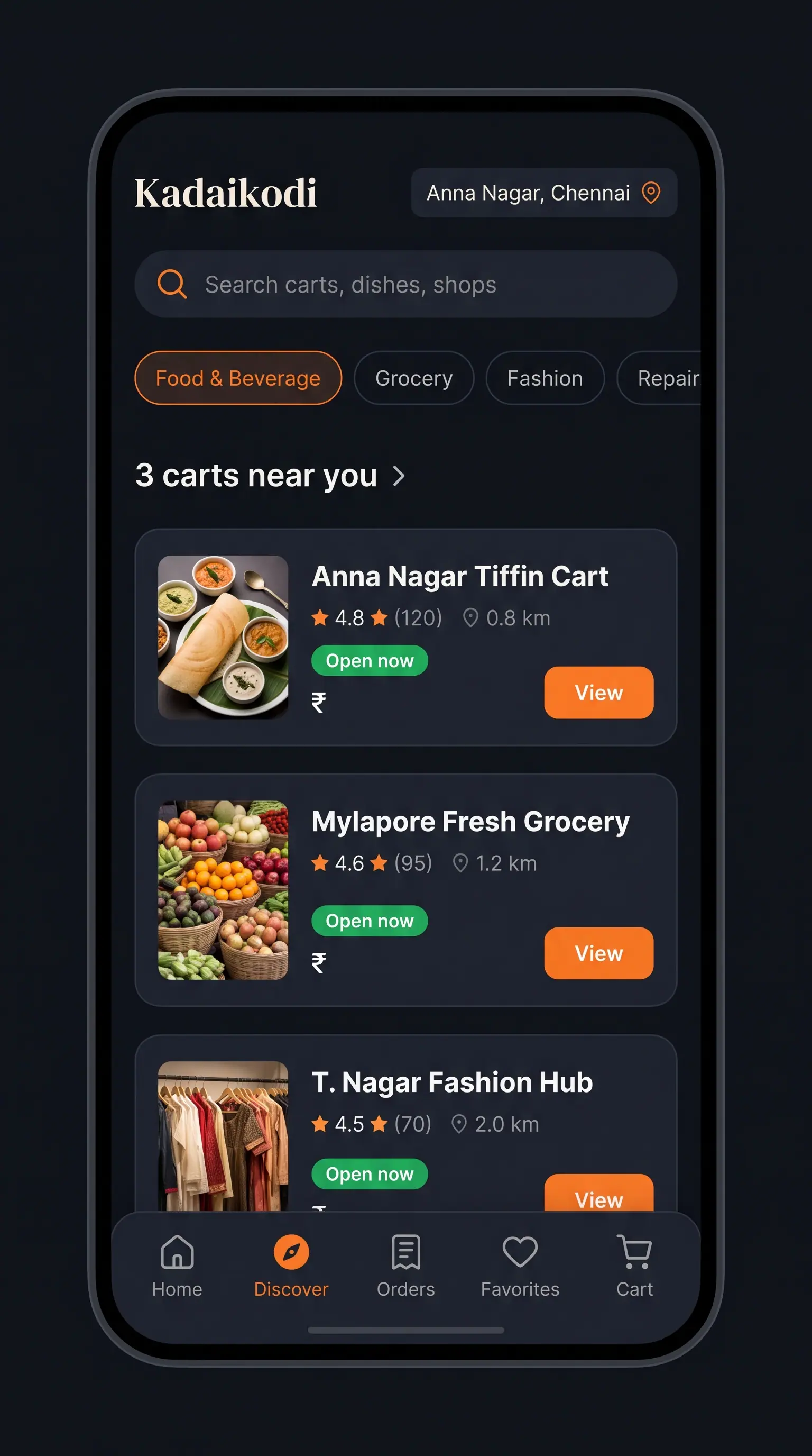 Concept illustration of the same nearby carts feed rendered in a dark theme inside a phone frame.