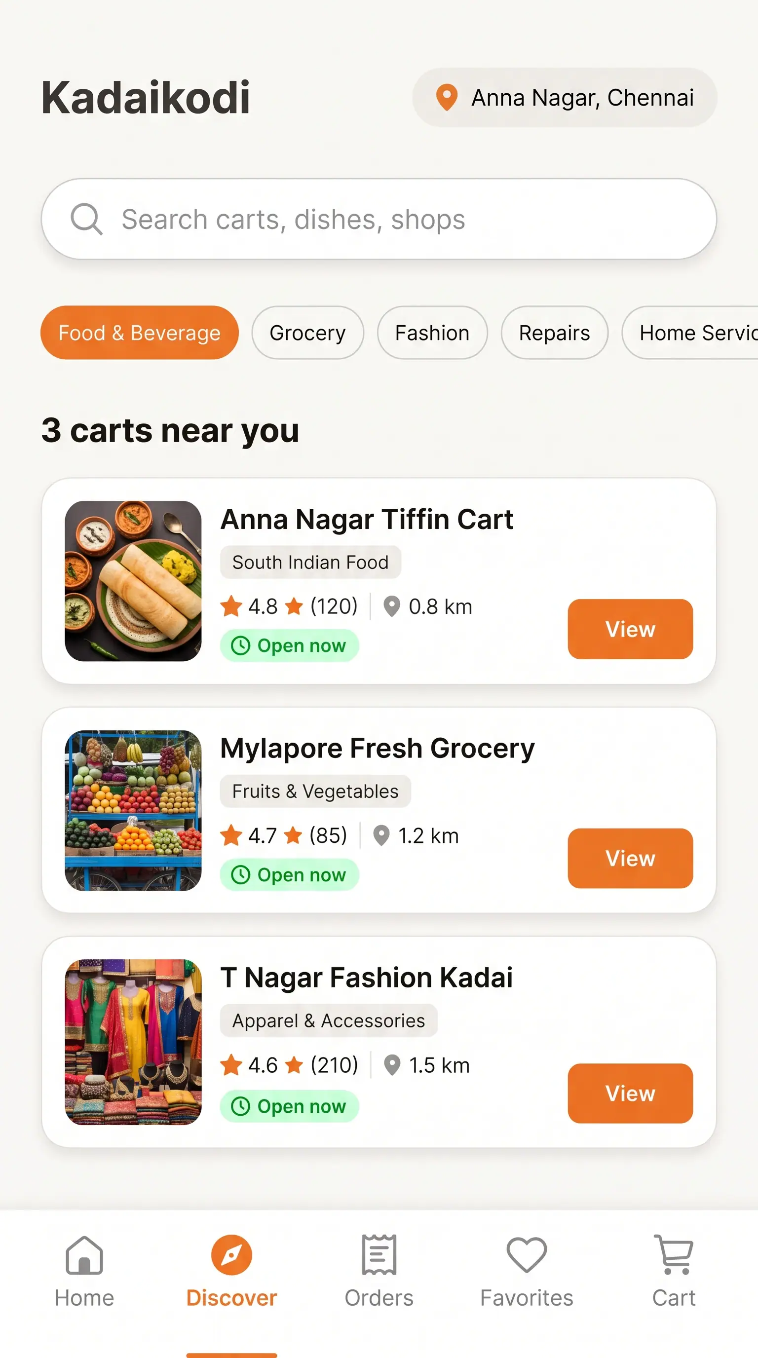 Concept illustration of a mobile discovery feed listing nearby carts with ratings, distance and open-now pills.