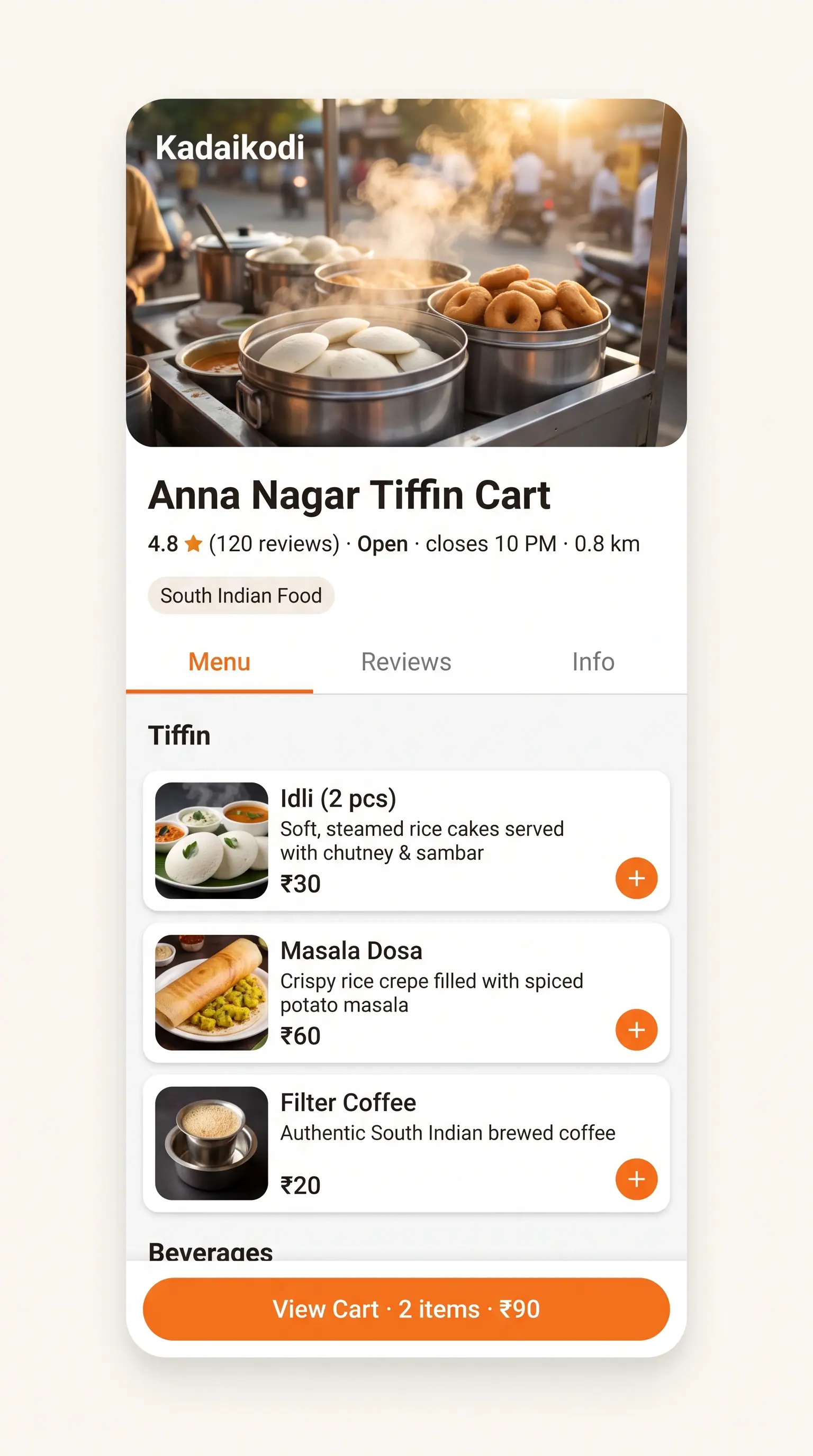 Concept illustration of a mobile merchant page with a hero photo, menu sections, add buttons and a running cart bar.