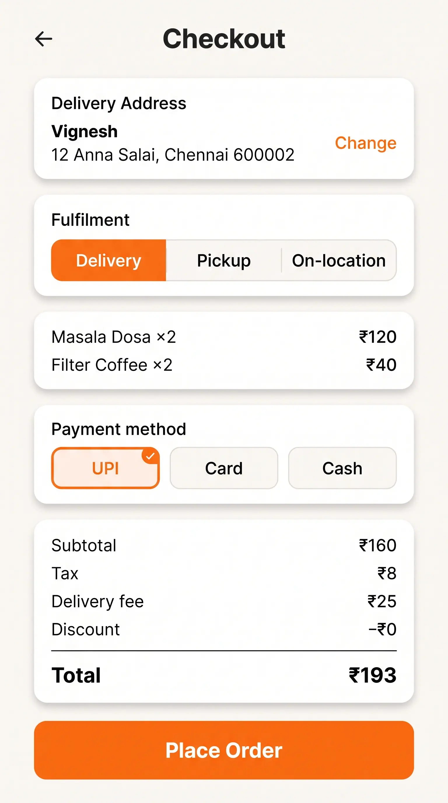 Concept illustration of a mobile checkout screen with address, fulfillment options, items, payment methods and a price breakdown.