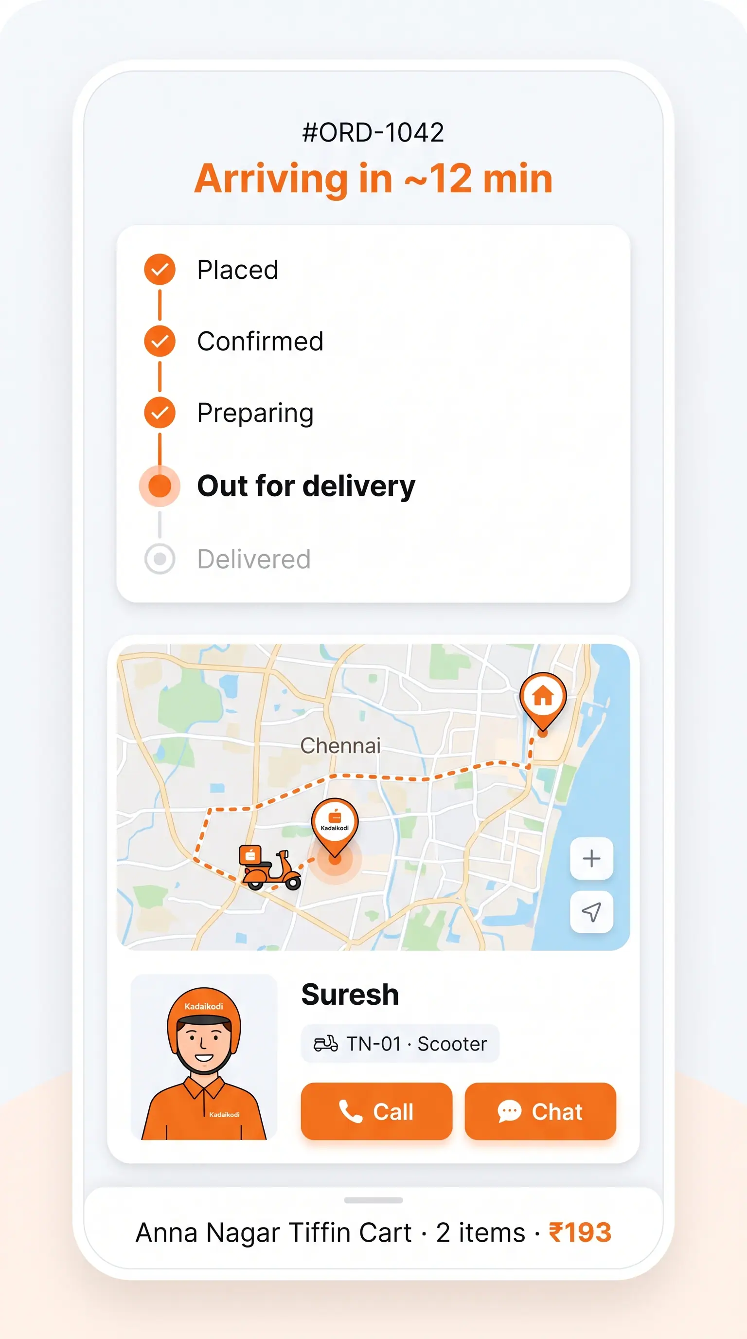Concept illustration of a mobile order tracking screen with a stage timeline, delivery route map and courier contact card.