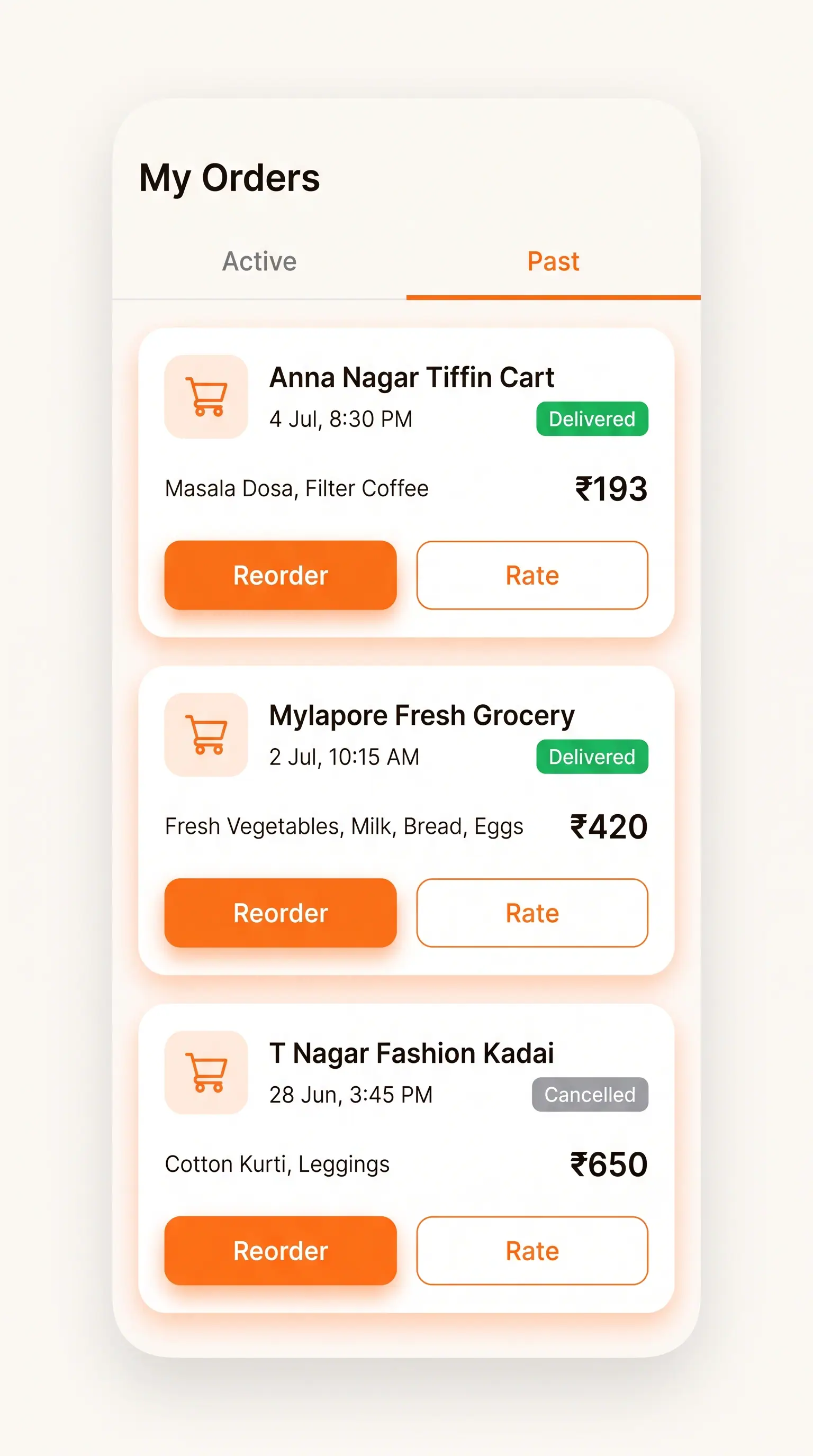 Concept illustration of a mobile My Orders screen on the Past tab, listing order cards with status badges, totals, Reorder and Rate buttons