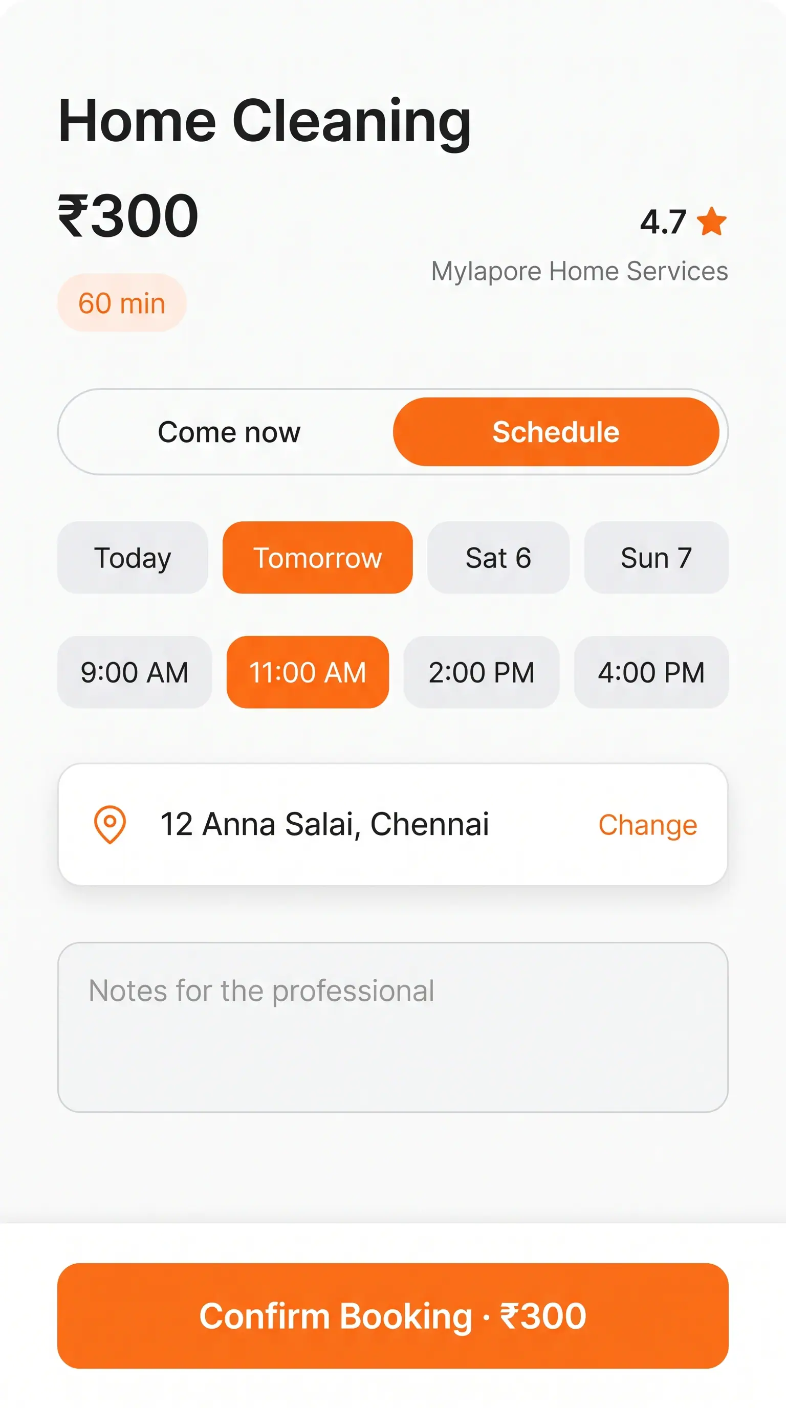 Concept illustration of a mobile booking screen for home cleaning with Schedule selected, day and time chips, address, notes and a confirm button