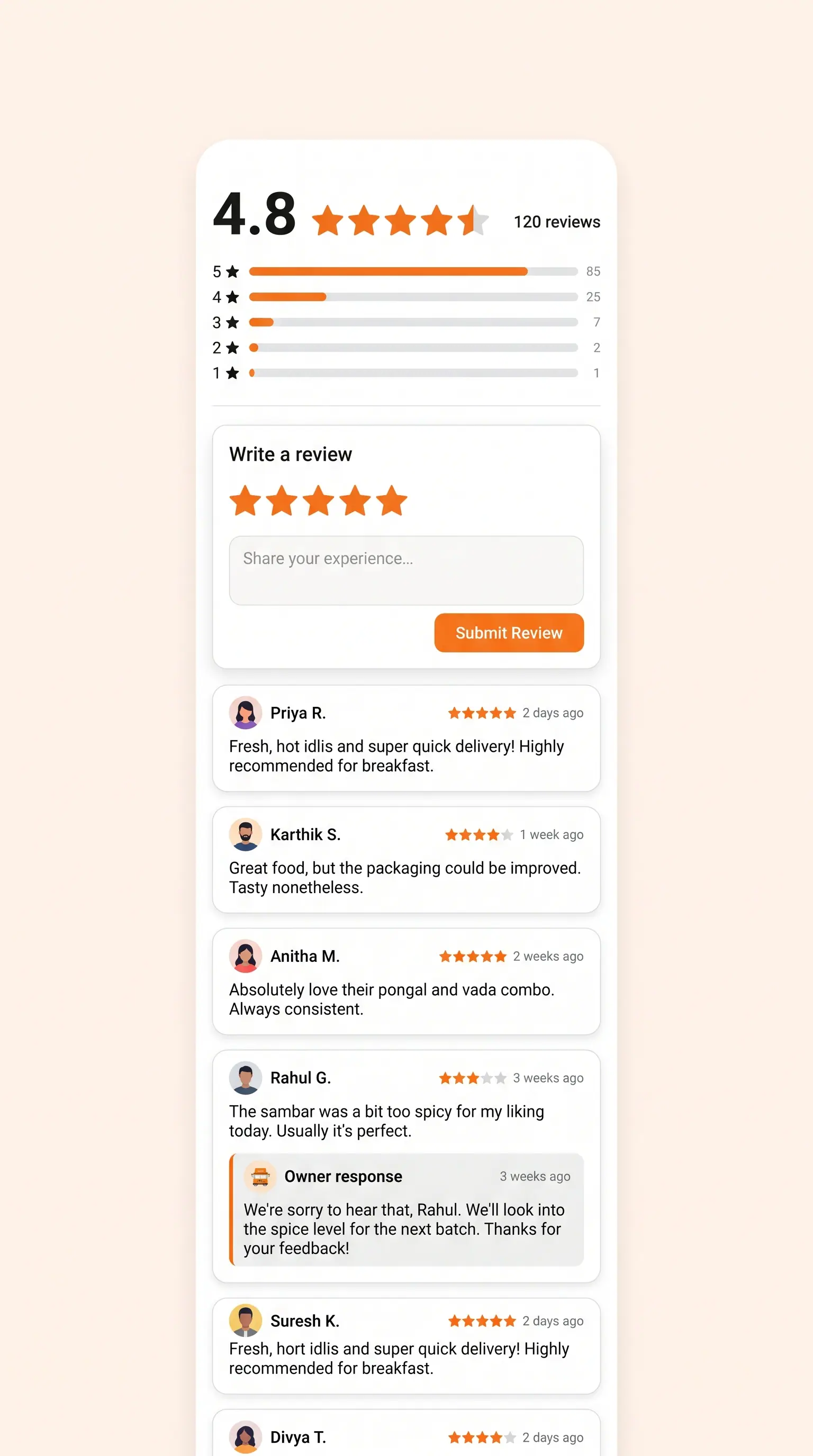 Concept illustration of a mobile reviews screen with an average star rating, distribution bars, a write-a-review form and an owner response