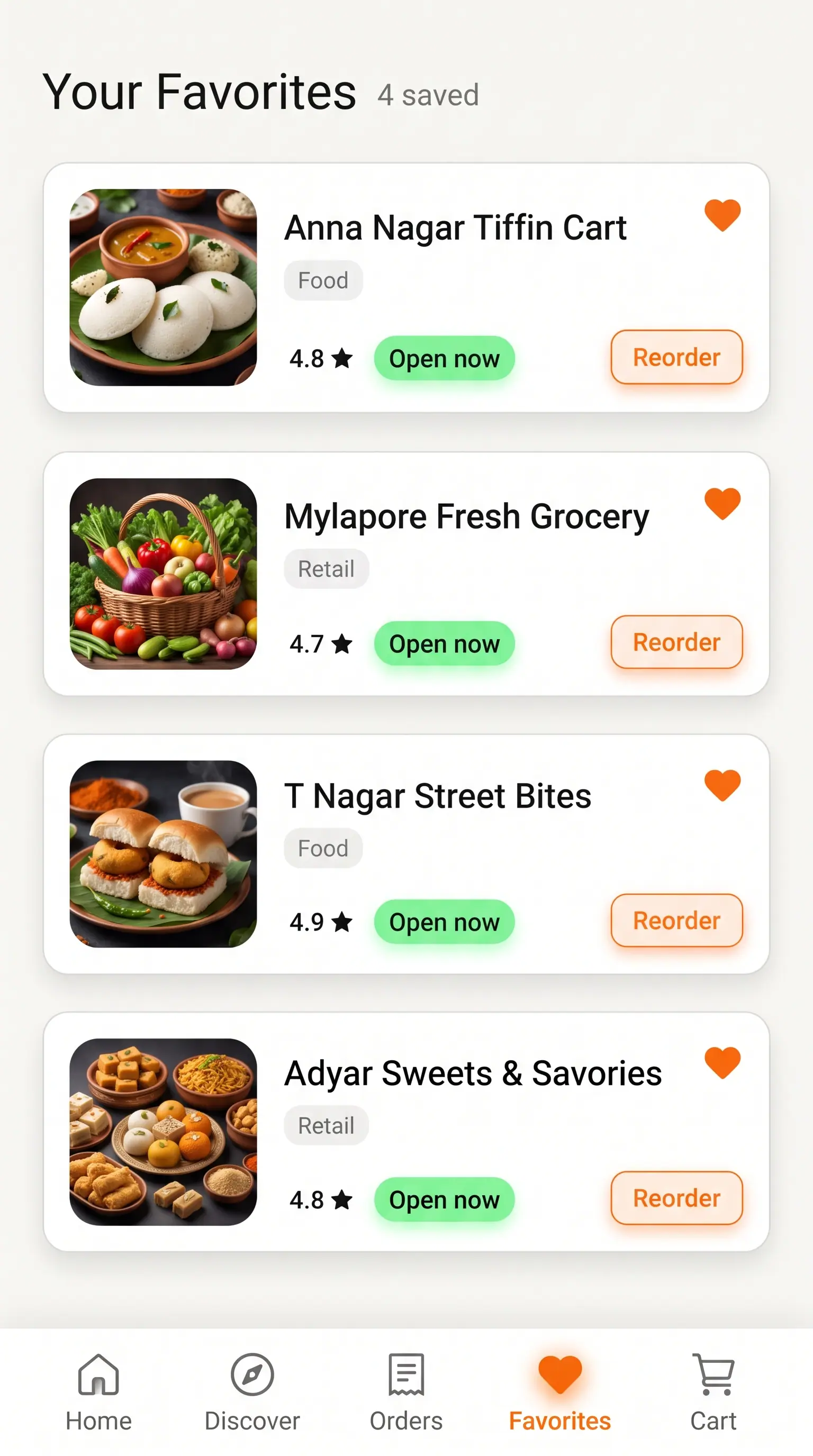 Concept illustration of a mobile Favorites screen listing four saved carts with photos, category chips, ratings, Open now pills and Reorder buttons