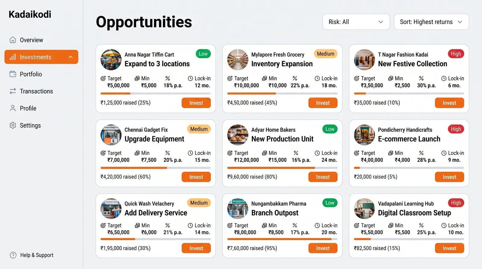 Concept illustration of an investor opportunities page showing a grid of merchant raise cards with terms, risk badges and funding progress.
