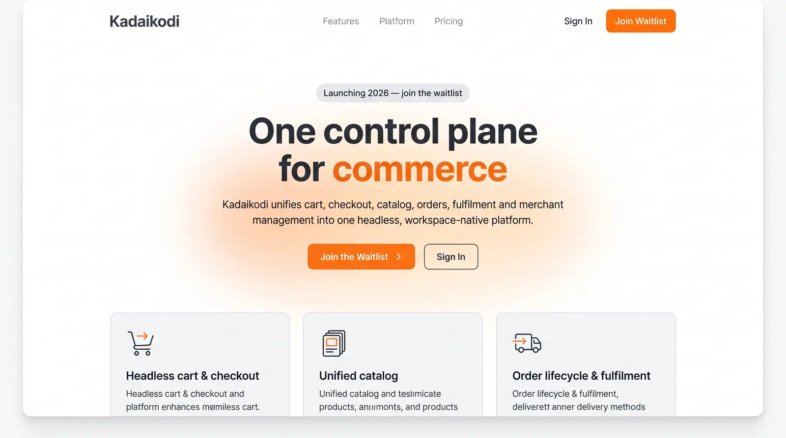 Concept illustration of a landing page with a control-plane headline, waitlist and sign-in buttons, and three capability cards below.