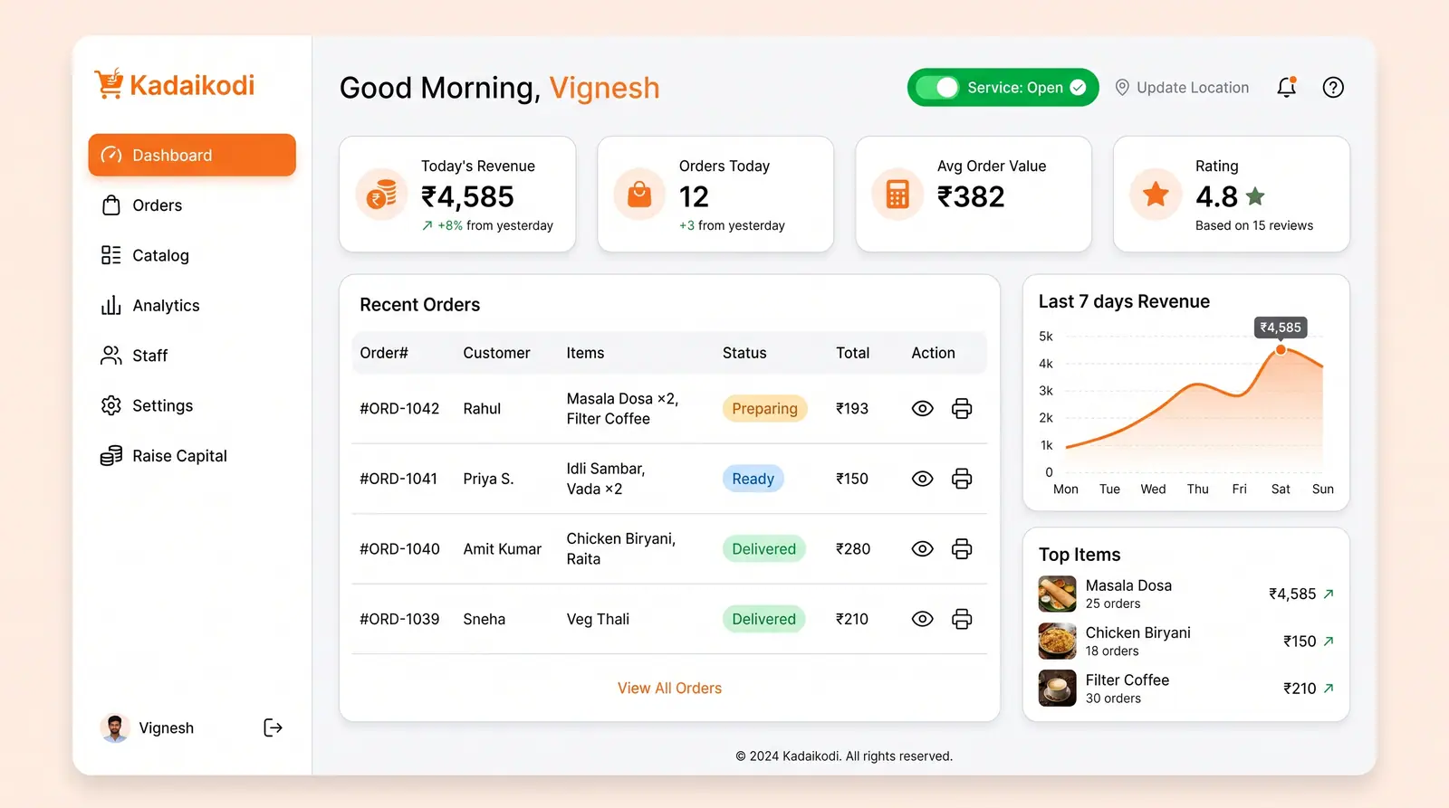 Concept illustration of a merchant dashboard with an open service toggle, four KPI cards, a recent orders table, a 7-day revenue chart and top items