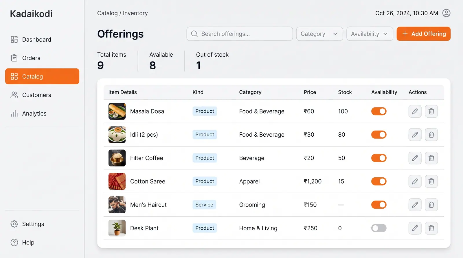 Concept illustration of a merchant catalog listing products and services with kind, category, price, stock, availability toggles and edit and delete