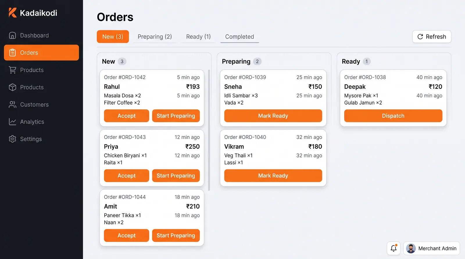 Concept illustration of a merchant order board with New, Preparing and Ready columns and Accept, Start Preparing, Mark Ready and Dispatch buttons