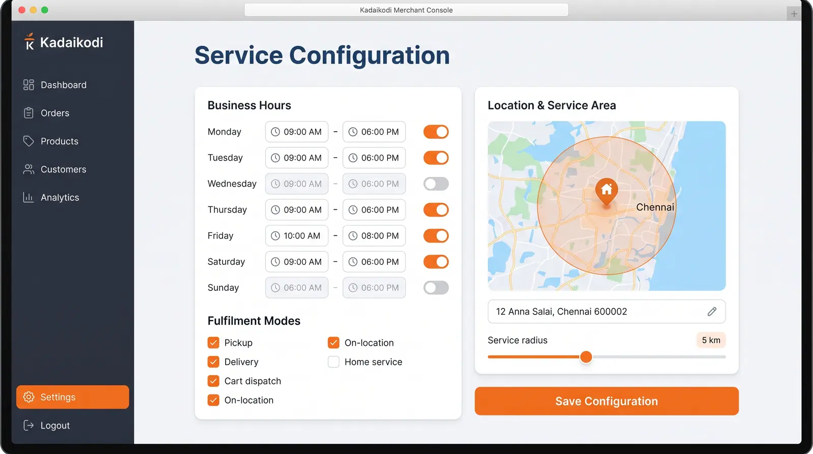 Concept illustration of a merchant console configuring weekly business hours, fulfillment modes and a mapped service radius.