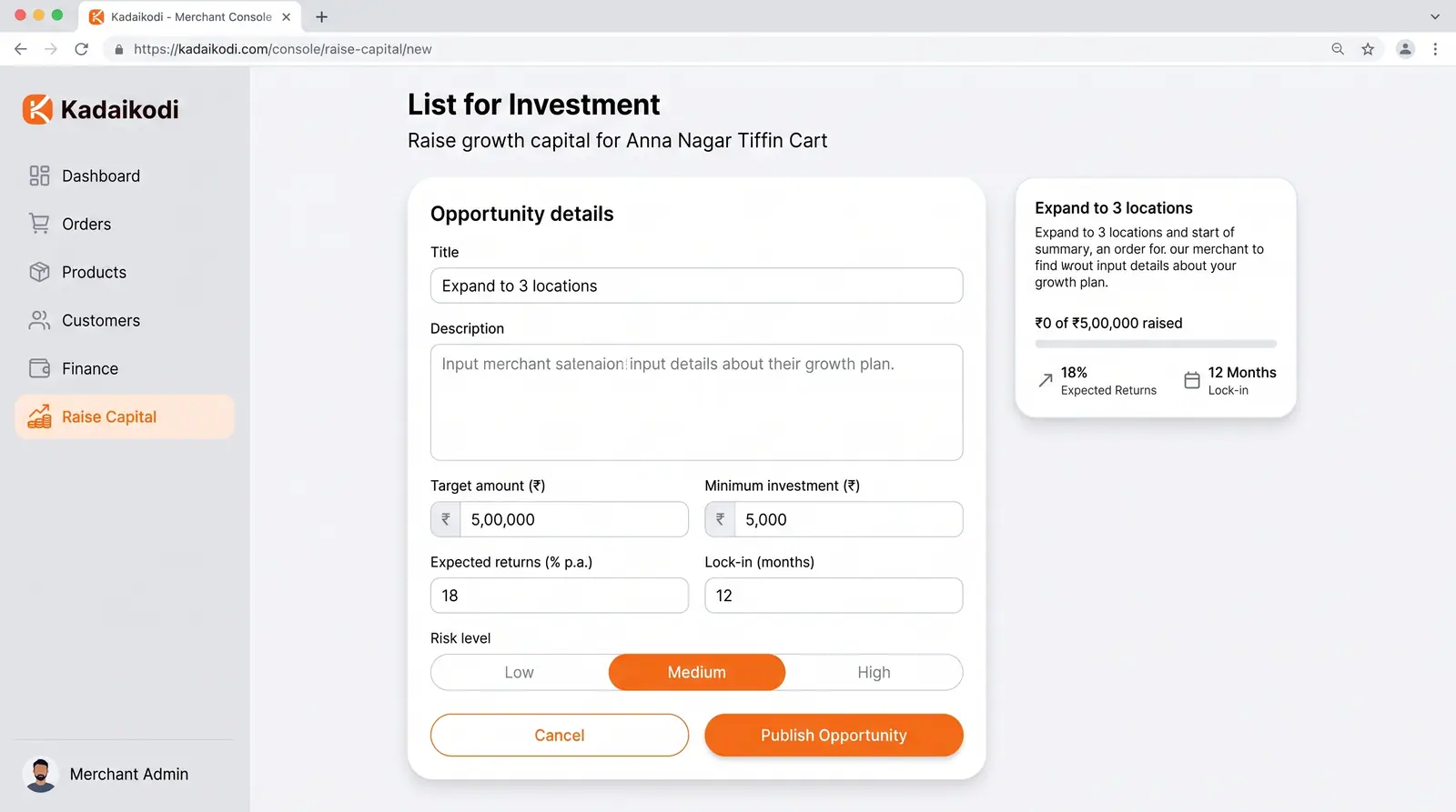 Concept illustration of a merchant console form for listing a cart for investment, with terms fields and a live listing preview card.