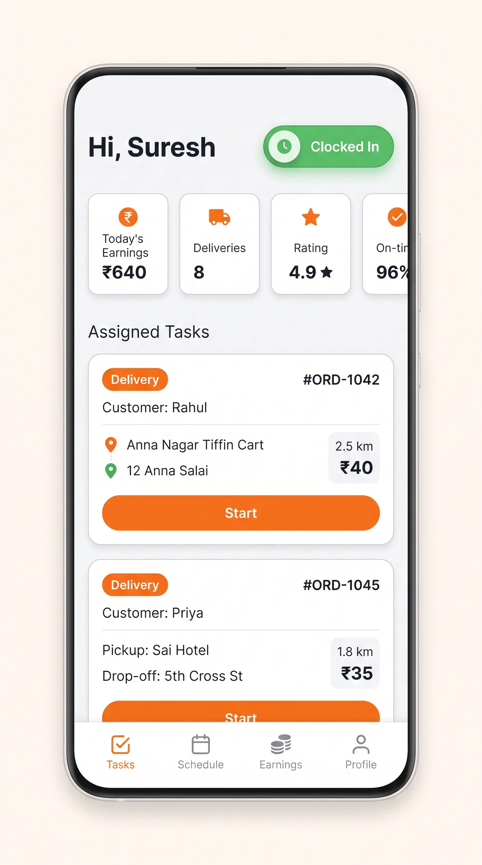 Concept illustration of a worker mobile app home screen with a clocked-in toggle, performance tiles and assigned delivery task cards.