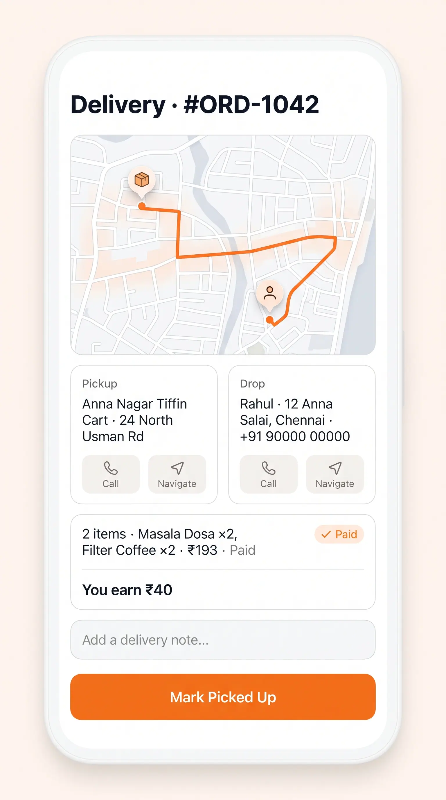 Concept illustration of a delivery task detail screen with a route map, pickup and drop cards, order contents and a mark picked up action.