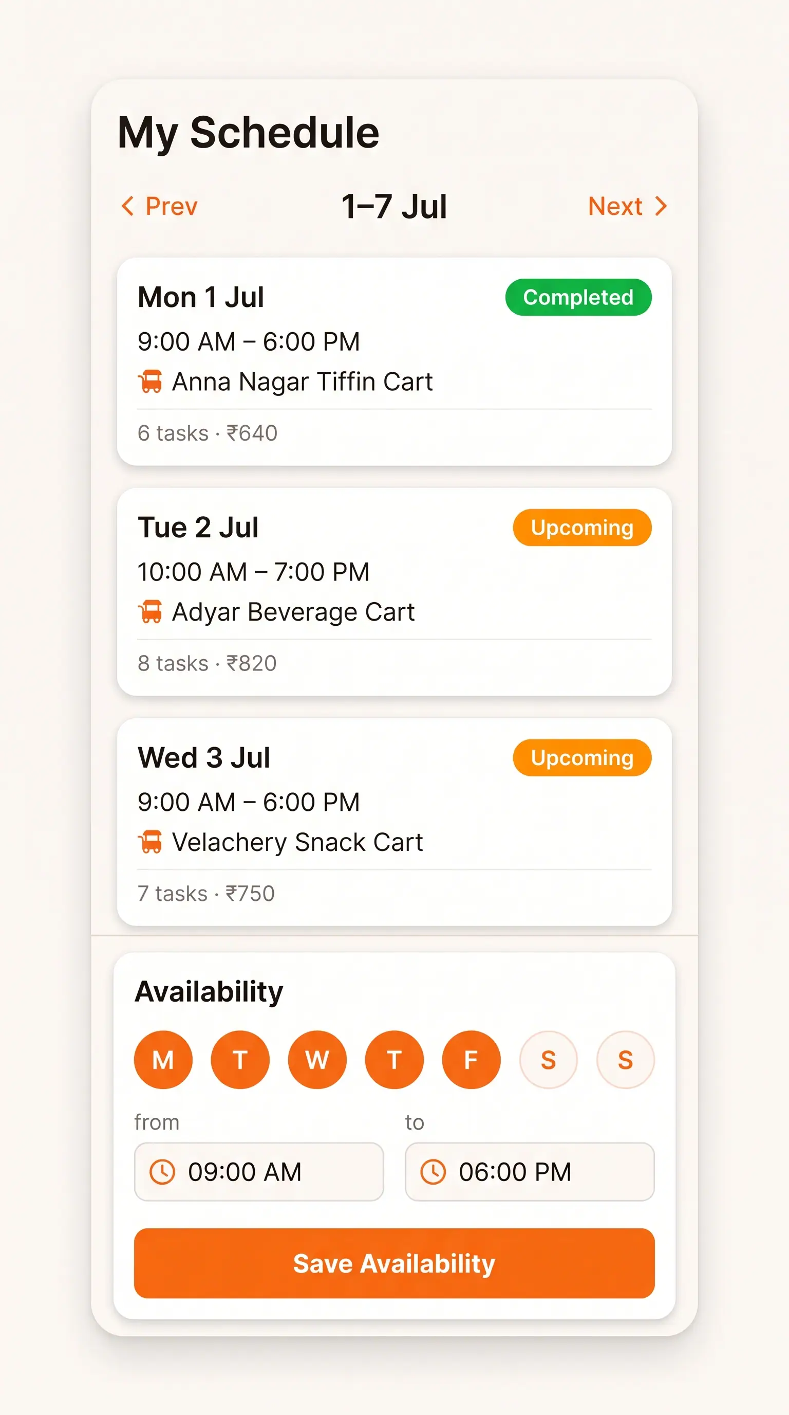 Concept illustration of a worker schedule screen with a week pager, shift cards and an availability editor with day toggles and hours.