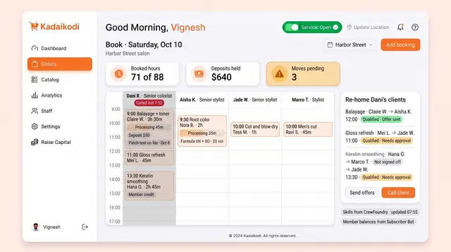 Concept illustration of a salon appointment book with stylist columns, processing times, deposit and patch-test chips and a re-home panel