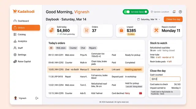 Concept illustration of a sales daybook listing web, counter, chat and repair orders, with day tiles, stock to watch and a close-the-day panel
